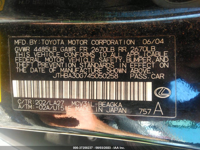2004 LEXUS ES 330 VIN: JTHBA30G745050258