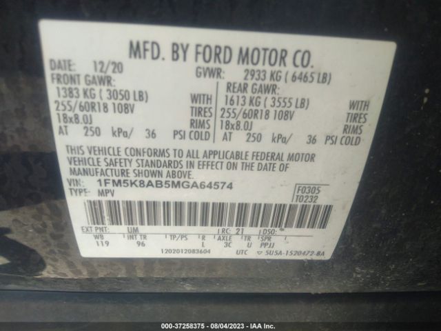 1FM5K8AB5MGA64574 Ford POLICE INTERCEPTOR
