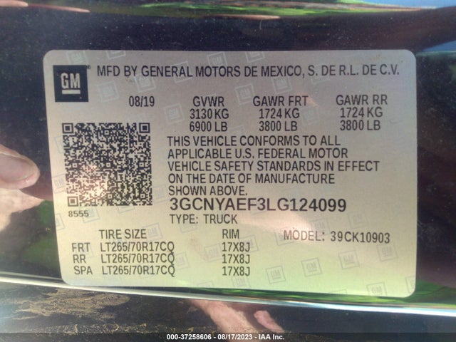 2020 CHEVROLET SILVERADO 1500 WORK TRUCK VIN: 3GCNYAEF3LG124099