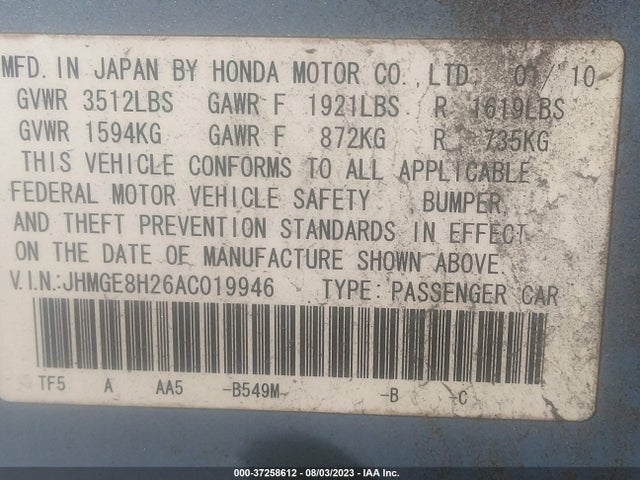 2010 HONDA FIT VIN: JHMGE8H26AC019946