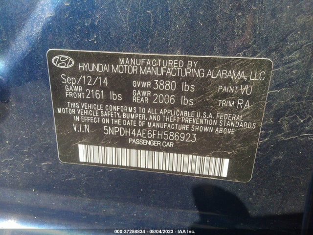 2015 HYUNDAI ELANTRA SE VIN: 5NPDH4AE6FH586923