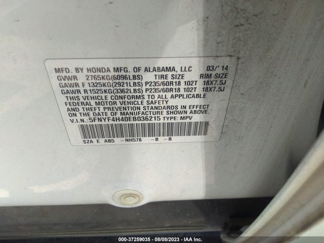 2014 HONDA PILOT EX VIN: 5FNYF4H40EB036215