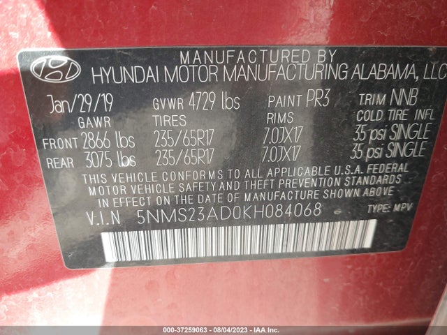 2019 HYUNDAI SANTA FE SE VIN: 5NMS23AD0KH084068