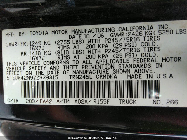 2007 TOYOTA TACOMA VIN: 5TEUX42N97Z339315