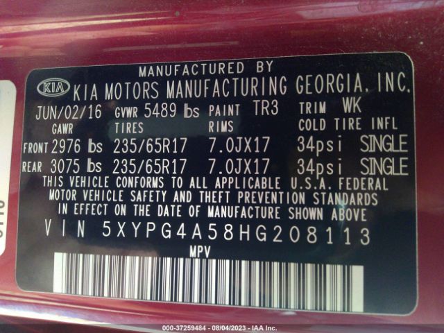 5XYPG4A58HG208113 KIA Sorento Lx V6
