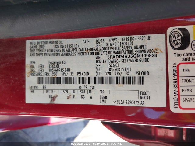 2016 FORD FIESTA SE VIN: 3FADP4BJ5GM199828