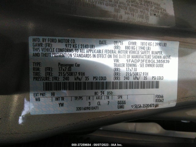Ford FOCUS SE 2016 1FADP3FE8GL385839 Image 9