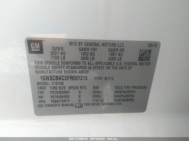 Chevrolet Tahoe Lt 2015 1GNSCBKC3FR687215 Image 9