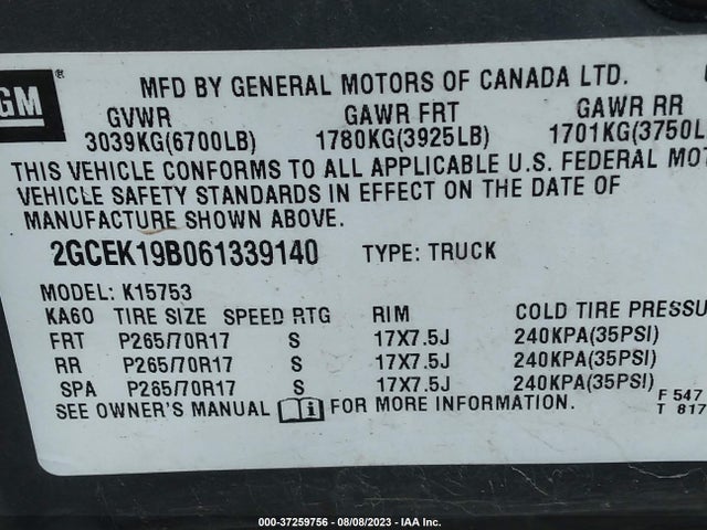 2006 CHEVROLET SILVERADO 1500 LT2 VIN: 2GCEK19B061339140