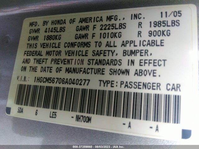 2006 HONDA ACCORD SDN EX/EX-L WITH NAVI VIN: 1HGCM56706A040277