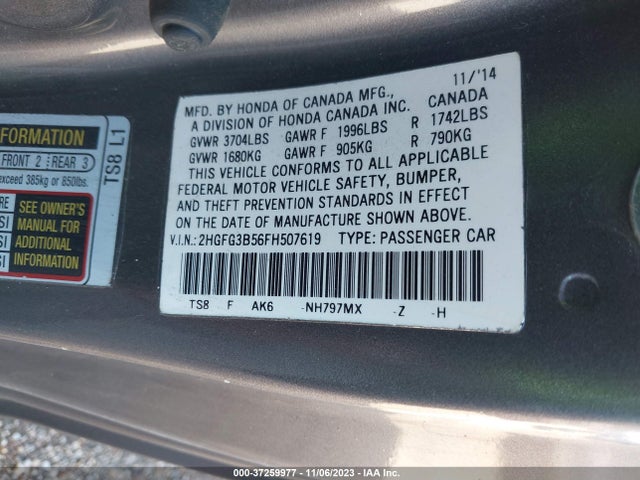 Honda Civic Lx 2015 2HGFG3B56FH507619 Image 9