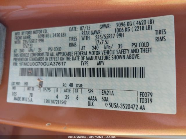 1FMCU0G70GUA37617 Ford ESCAPE SE