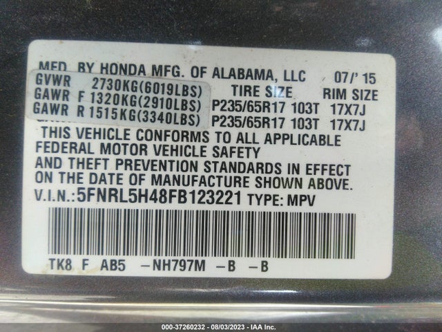 Honda ODYSSEY EX 2015 5FNRL5H48FB123221 Image 9