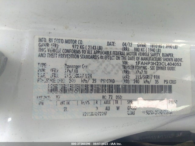 2012 FORD FOCUS SEL VIN: 1FAHP3H23CL404053