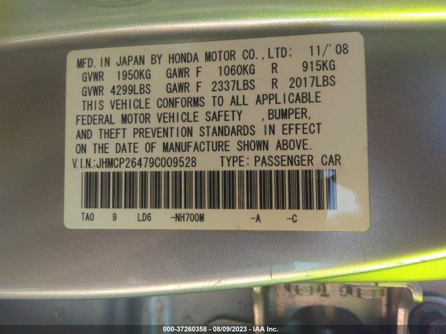 2009 HONDA ACCORD SDN LX-P VIN: JHMCP26479C009528