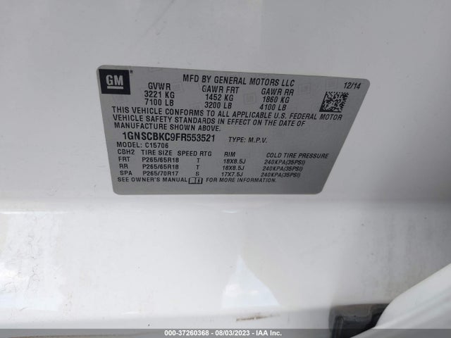 Chevrolet Tahoe Lt 2015 1GNSCBKC9FR553521 Image 9