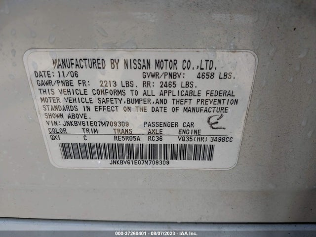 2007 INFINITI G35 SEDAN JOURNEY VIN: JNKBV61E07M709309
