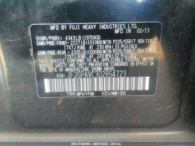 2013 SUBARU XV CROSSTREK PREMIUM VIN: JF2GPAVC3D2854723