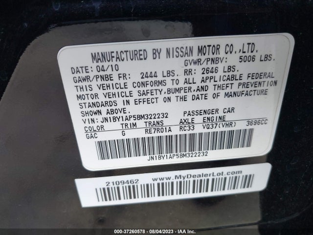 2011 INFINITI M37 VIN: JN1BY1AP5BM322232