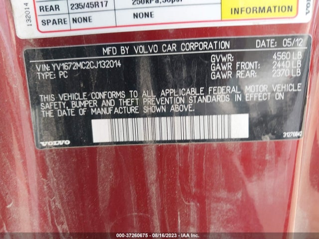 2012 VOLVO C70 T5 VIN: YV1672MC2CJ132014