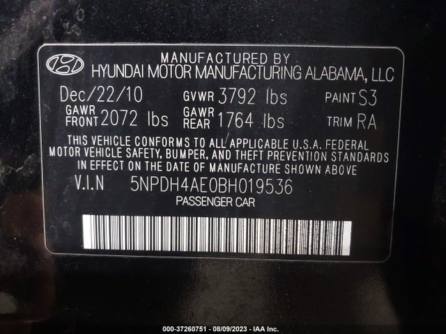 2011 HYUNDAI ELANTRA LTD PZEV VIN: 5NPDH4AE0BH019536