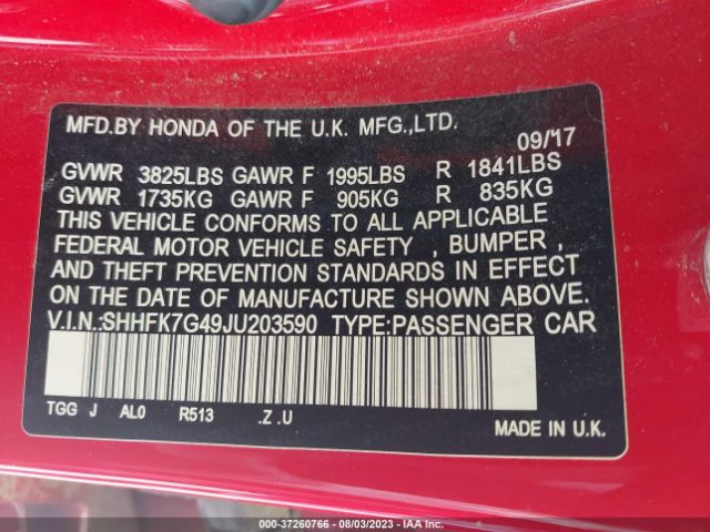SHHFK7G49JU203590 Honda Civic Hatchback Sport