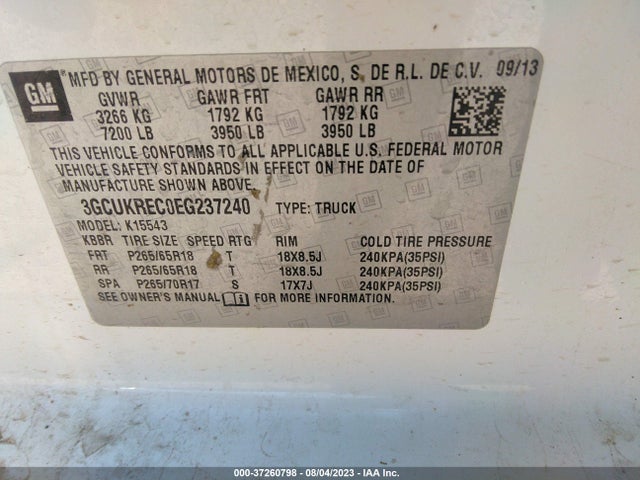 2014 CHEVROLET SILVERADO 1500 LT VIN: 3GCUKREC0EG237240