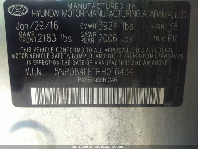 2017 HYUNDAI ELANTRA SE VIN: 5NPD84LF1HH016434