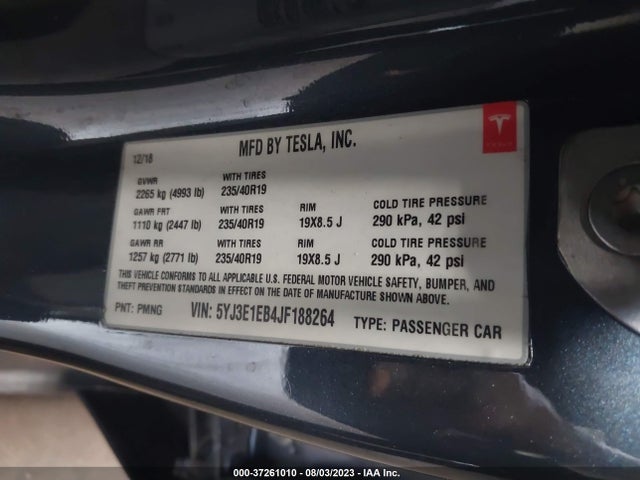 37261010 :رقم المزاد ، 5YJ3E1EB4JF188264 vin ، 2018 Tesla Model 3 Performance/long Range مزاد بيع