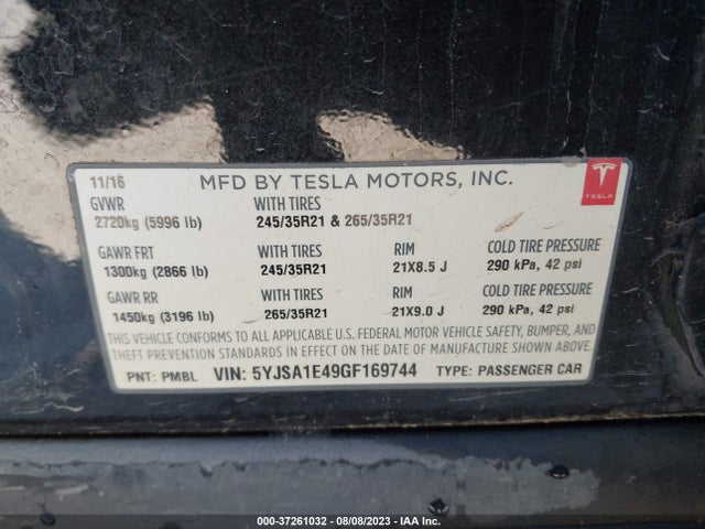 Tesla Model S P100d 2016 5YJSA1E49GF169744 Image 9