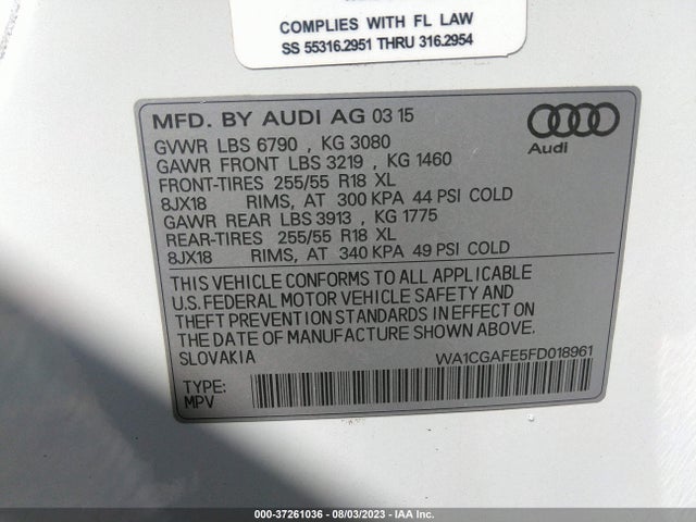 2015 AUDI Q7 3.0T PREMIUM VIN: WA1CGAFE5FD018961
