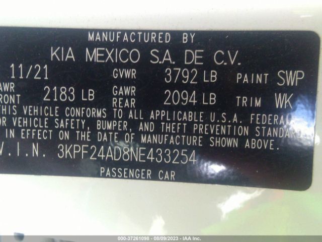 3KPF24AD8NE433254 KIA Forte Lxs