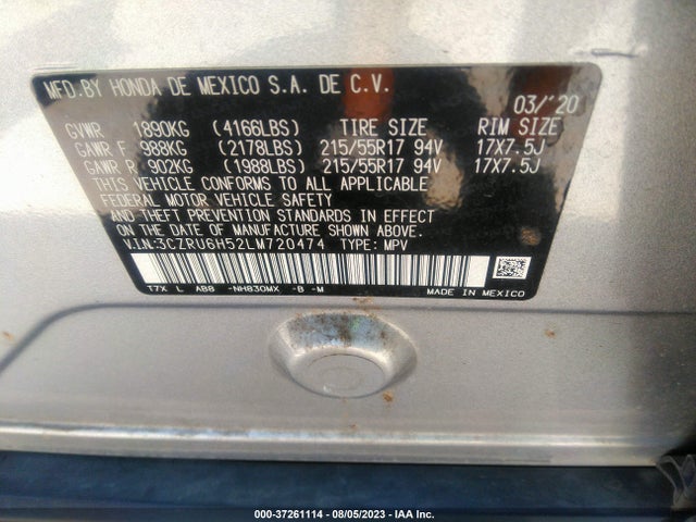 2020 HONDA HR-V EX VIN: 3CZRU6H52LM720474