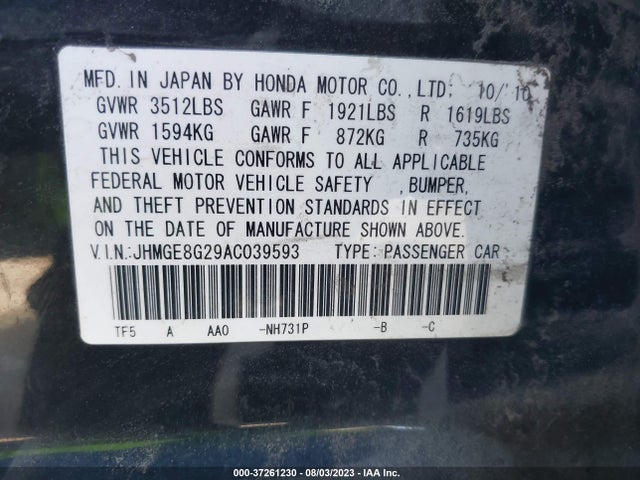 2010 HONDA FIT VIN: JHMGE8G29AC039593