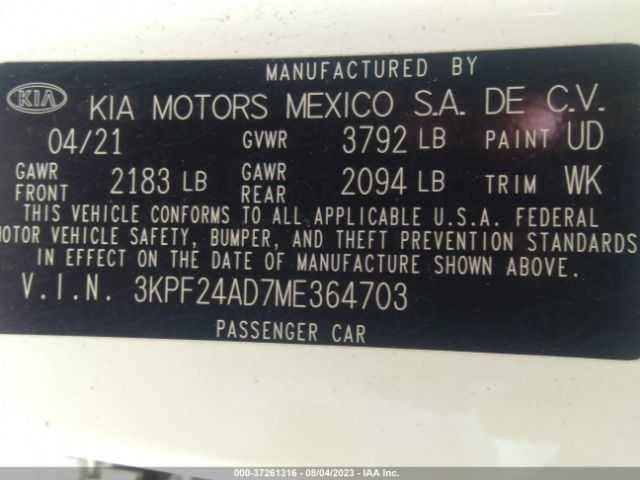 3KPF24AD7ME364703 KIA Forte Lxs