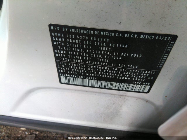 2020 VOLKSWAGEN TIGUAN S VIN: 3VV0B7AX7LM124154