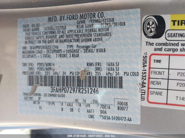 2007 FORD FUSION SE VIN: 3FAHP07Z97R251246
