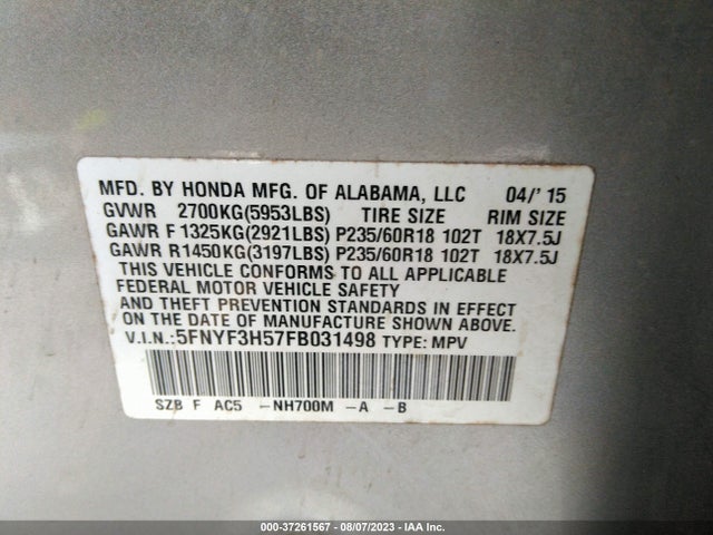 Honda Pilot Ex-l 2015 5FNYF3H57FB031498 Image 9
