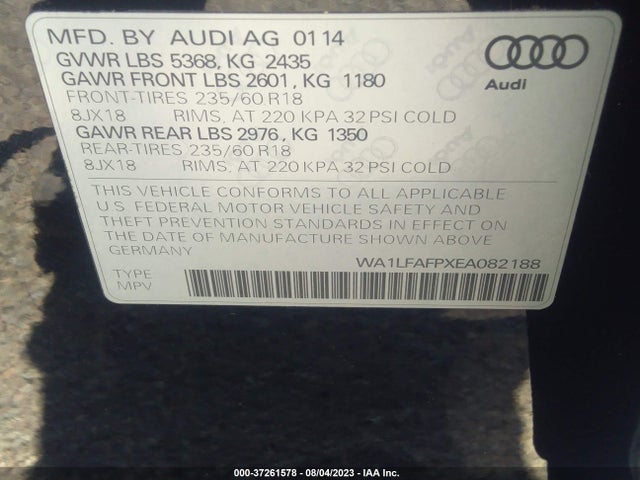 2014 AUDI Q5 PREMIUM PLUS VIN: WA1LFAFPXEA082188