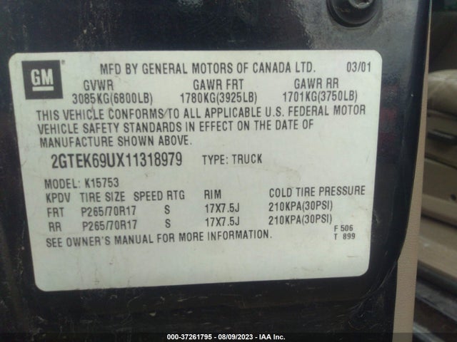2001 GMC SIERRA 1500 C3 VIN: 2GTEK69UX11318979