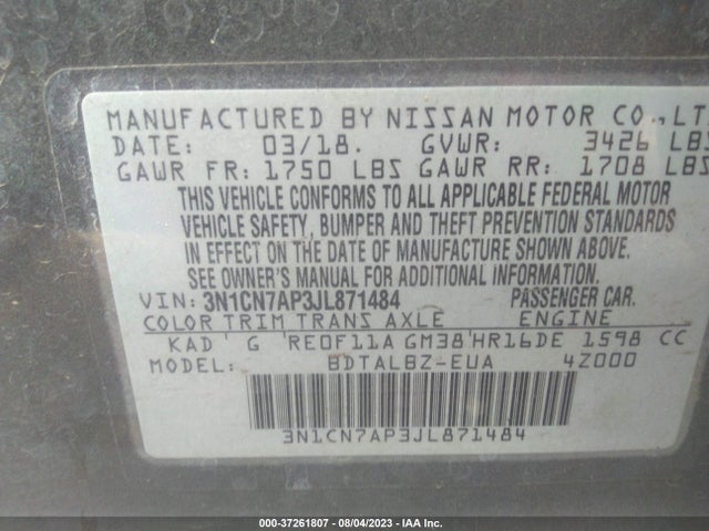 Nissan Versa Sedan Sv 2018 3N1CN7AP3JL871484 Image 11