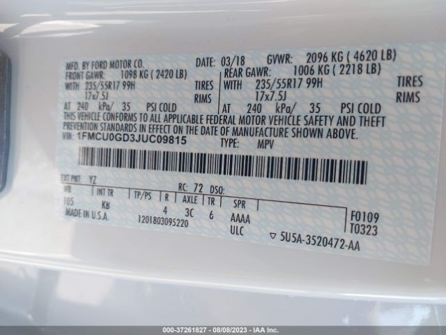 1FMCU0GD3JUC09815 Ford ESCAPE SE