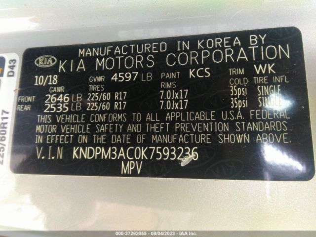 KNDPM3AC0K7593236 KIA Sportage Lx