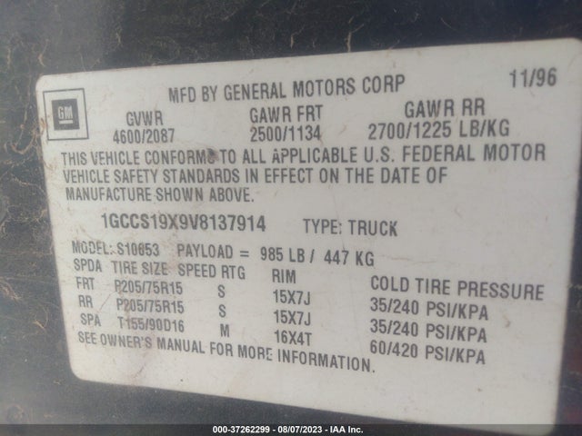 Aukcja sprzedaży 1997 Chevrolet S-10 Ls, vin: 1GCCS19X9V8137914, numer aukcji: 37262299