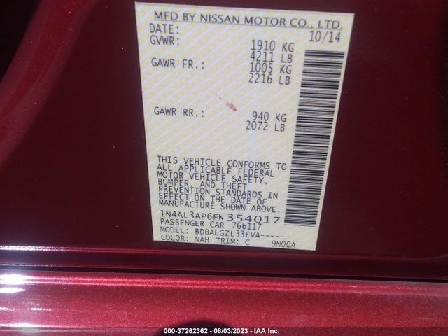 2015 NISSAN ALTIMA 2.5 S VIN: 1N4AL3AP6FN354017