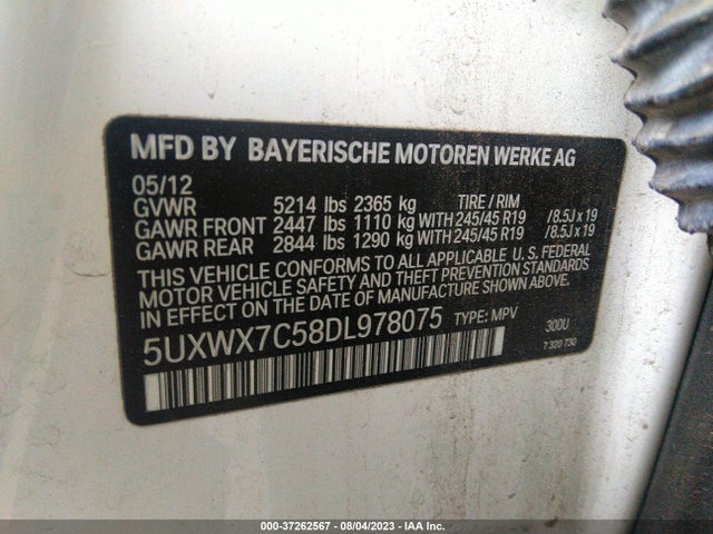 2013 BMW X3 XDRIVE35I VIN: 5UXWX7C58DL978075