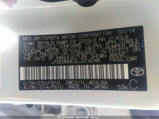 Toyota Corolla Hybrid Le 2020 JTDEBRBE0LJ014248 Image 9