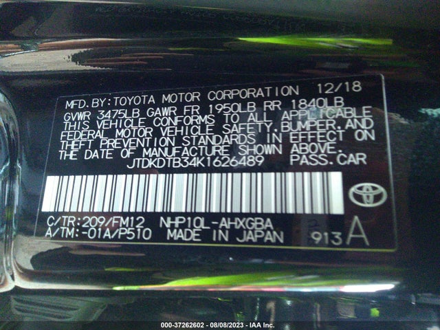 2019 Toyota Prius, VIN: JTDKDTB34K1626489