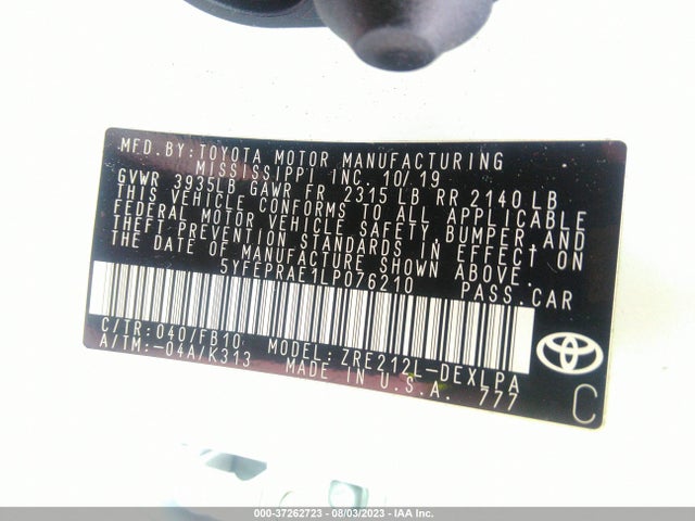 2020 TOYOTA COROLLA LE VIN: 5YFEPRAE1LP076210