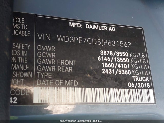 2018 MERCEDES-BENZ SPRINTER CARGO VAN VIN: WD3PE7CD5JP631563